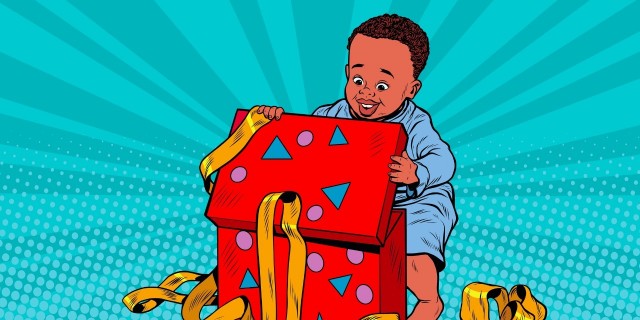 Pop art boy opens the gift box