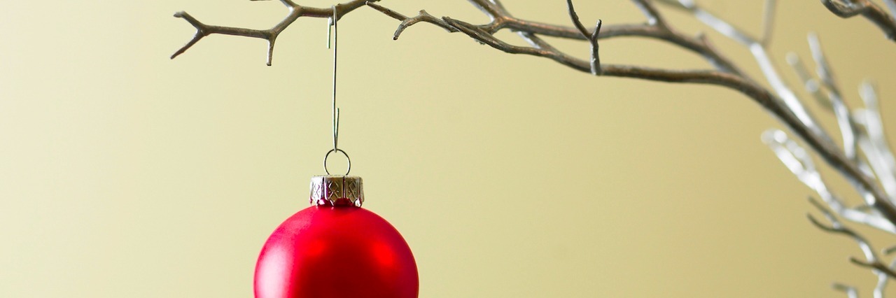 Red Christmas ornament hanging from tree