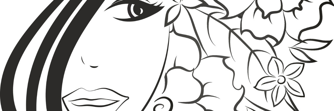 Why I Try to Make People Laugh About My Illness and Disability drawing of girl with hair covering half of face and flowers behind the other half of her face