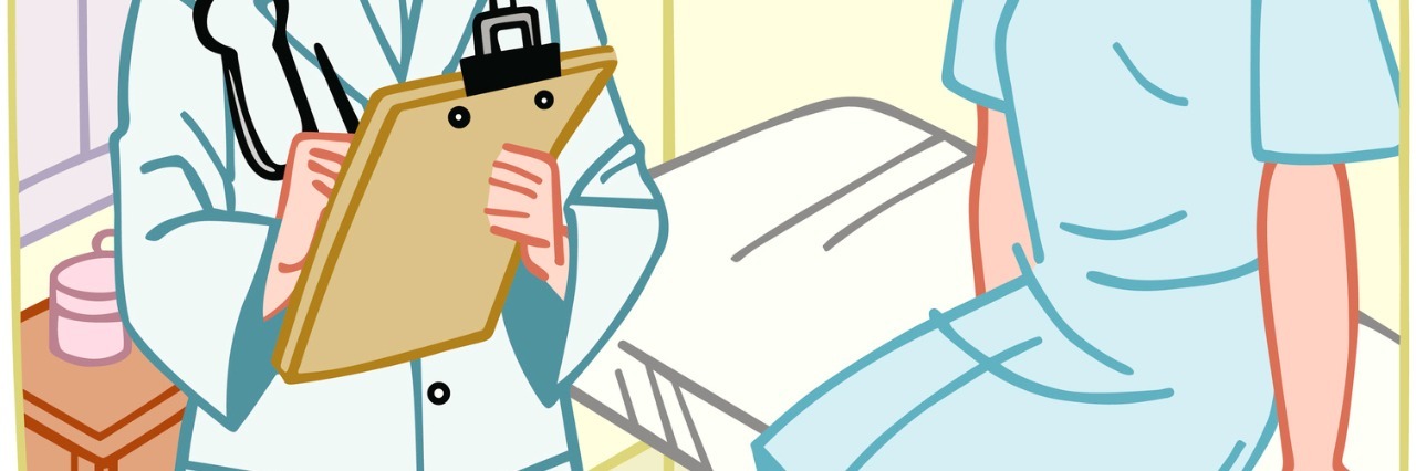 Why I Wanted to Hide My Mental Health History From Doctors doctor holding clipboard next to patient sitting on exam table