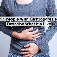 woman with a stomachache and text 17 people with gastroparesis describe what it's like