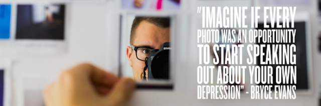 A man looking at the mirror and holding a camera. Text reads, "Image if every photo was an opportunity to start speaking about your own depression."