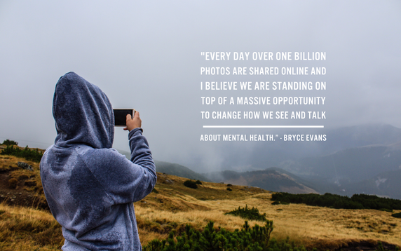 woman taking a photo. Caption reads: Every day over one billion photos are shared online and I believe we are standing on a massive opportunity to change how we see and talk about mental health.