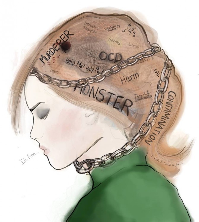 drawing of a girl with chains around her head 