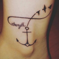 tattoo on ankle of anchor and word strength