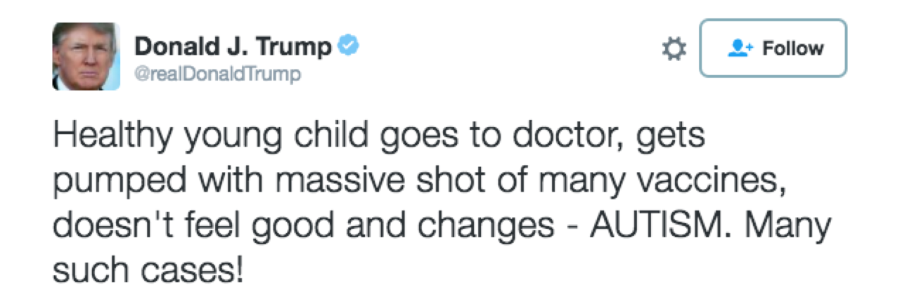 After Meeting With Donald Trump, Robert F. Kennedy Jr. Says He Will Chair Commission on Vaccine Safety Tweet from Donald Trump which reads "Healthy young child goes to doctor, gets pumped with massive shot of many vaccines, doesn't feel good and changes - AUTISM. Many such cases!"