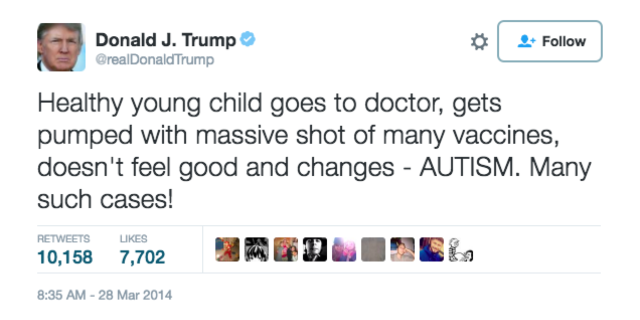 After Meeting With Donald Trump, Robert F. Kennedy Jr. Says He Will Chair Commission on Vaccine Safety Tweet from Donald Trump which reads "Healthy young child goes to doctor, gets pumped with massive shot of many vaccines, doesn't feel good and changes - AUTISM. Many such cases!"