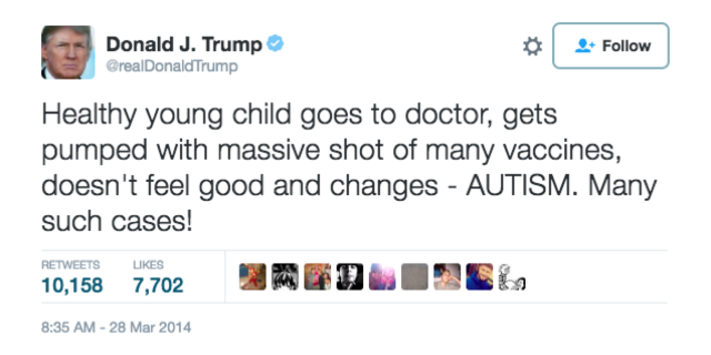 Tweet from Donald Trump which reads "Healthy young child goes to doctor, gets pumped with massive shot of many vaccines, doesn't feel good and changes - AUTISM. Many such cases!"