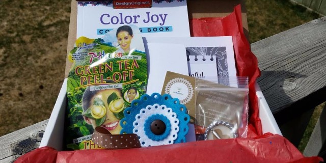 Sample Be Brave box featuring a coloring book and face mask.