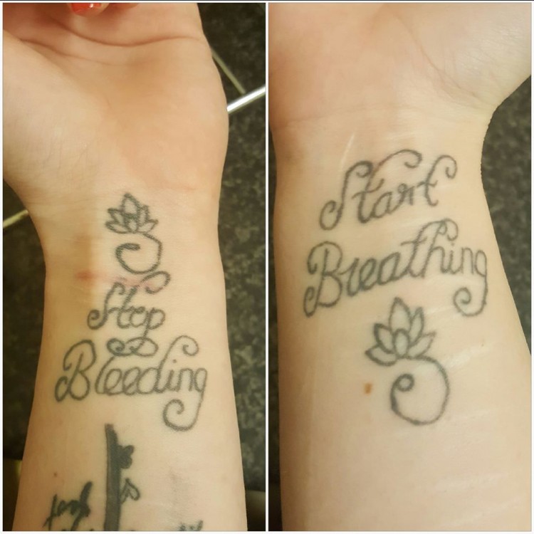 Two images of a woman's forearms side by side. The first of a tattoo that says, "Stop bleeding." The second that says, "Start breathing."