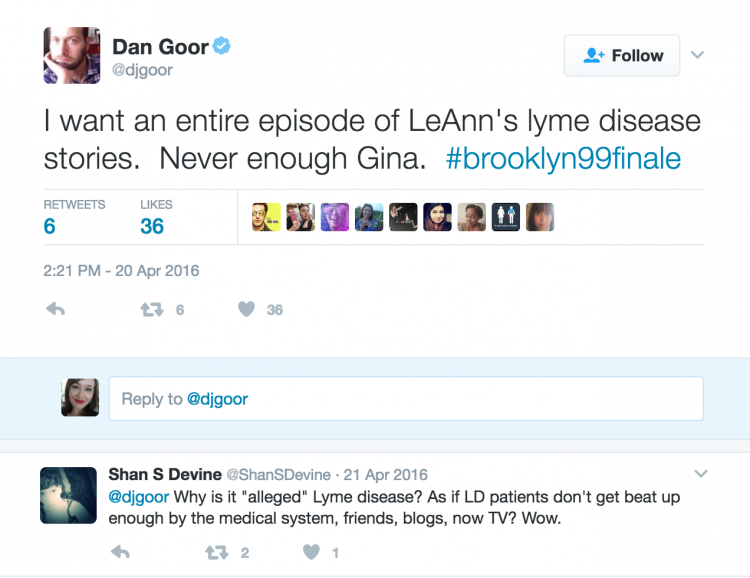tweet from dan goor about lyme disease on brooklyn nine nine