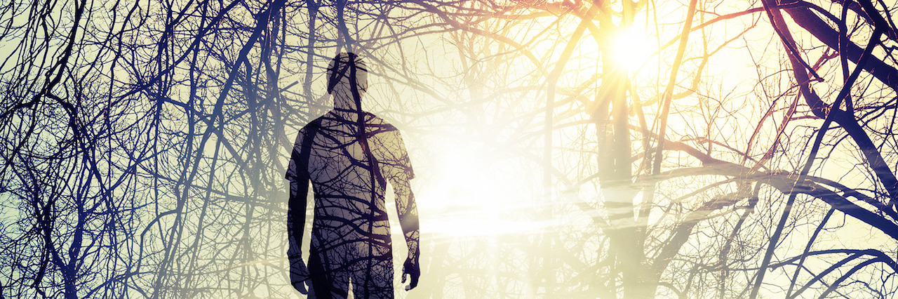 3 Lessons My Depression Has Taught Me Double exposure abstract conceptual photo collage, man standing on the coast, shining sun and tree branches pattern