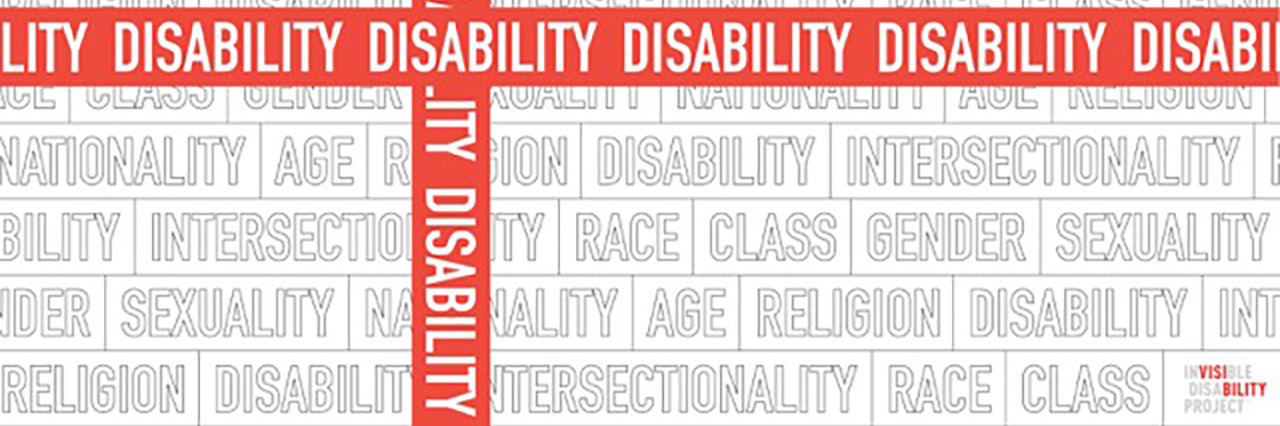 The words “Intersectionality, Race, Class, Gender, Sexuality, Nationality, Age, Religion, Disability”, are written in repeating white tiles. Overlaid on the tiles is a bright red ribbon printed with the word “Disability” in large white letters. The ribbon runs horizontally across the middle of the page, and then crosses vertically.