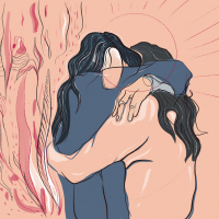 Illustration of the emotional moment between two hugging friends