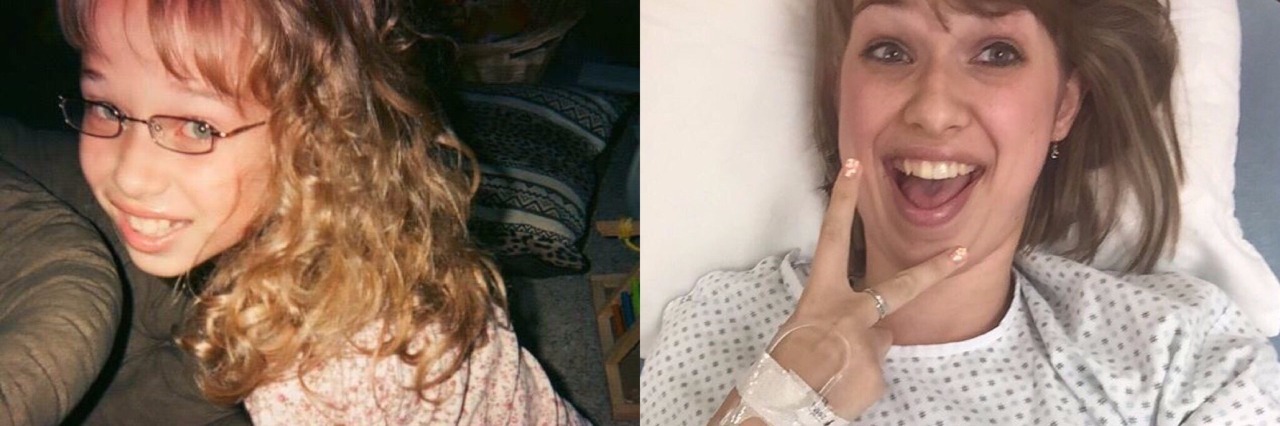 How I Learned Other Kids' Bodies Didn't Hurt Like Mine photo of girl when she was younger and photo of her more recently, in the hospital