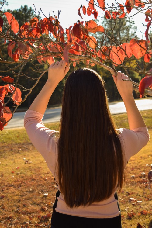 woman with long brown hair standing outside under a branch with autumn leaves