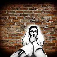 An illustration of a ghost with its hands around its throat as it stands in front of a brick wall