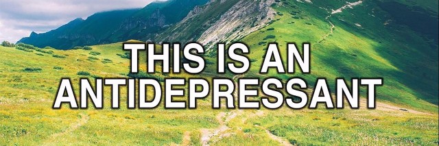 Meme about antidepressants, showing a nature scene with 'this is an antidepressant' and pills saying 'this is shit'