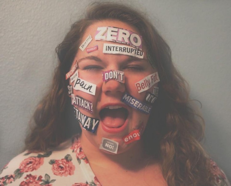 A woman with negative words on her face 