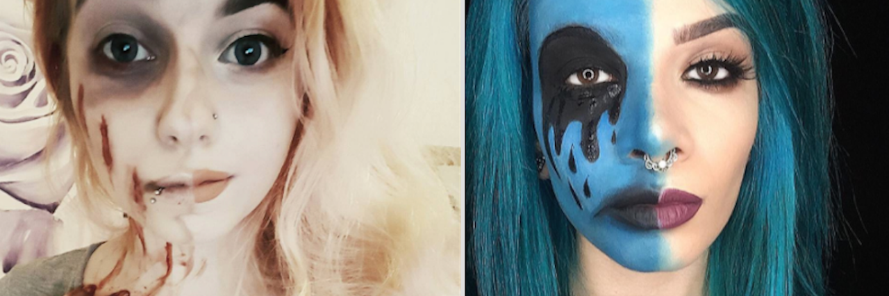 Two images of girl with make up on one side of their faces
