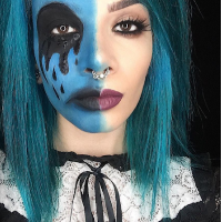 Two images of girl with make up on one side of their faces