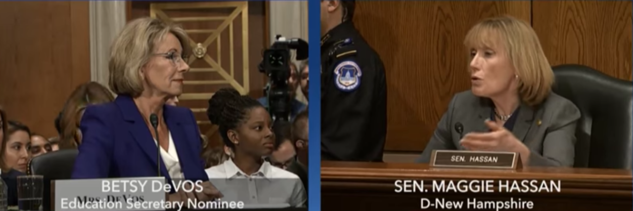 Splitscreen of CSPAN coverage showing Betsy DeVos and Sen. Hassan.