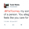 Tweet which reads, ".@PatToomey my son is not a burned out husk of a person. You allegedly represent us, but it feels like you care for others’ interests more."