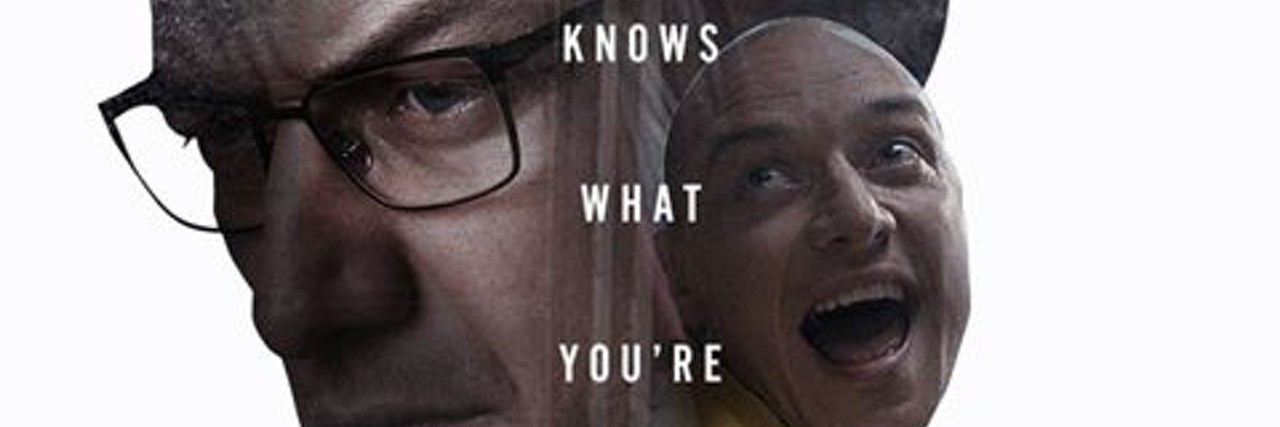 Promotional image for "Split" featuring two men with pained expressions looking forward.