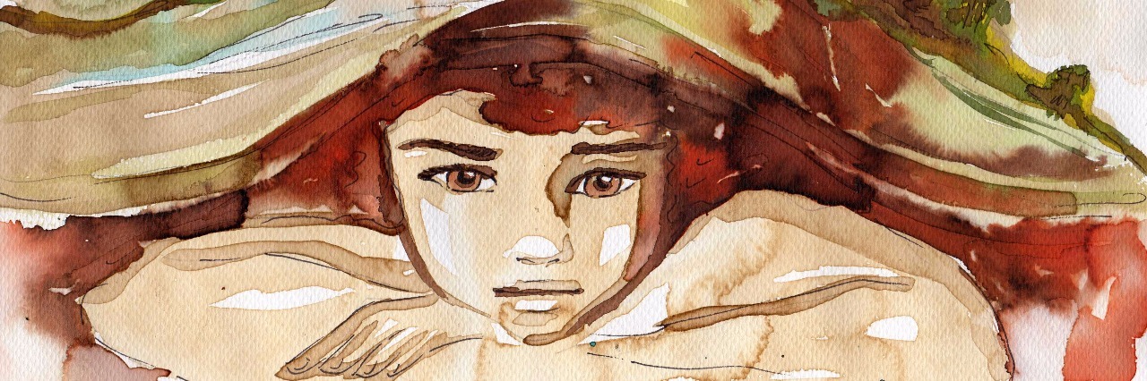 Watercolor illustration depicting a portrait of a beautiful child, his head resting on his arms. The blanket covering him appears like hills with houses, trees, and a windmill.