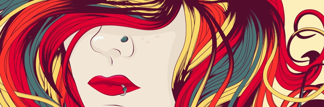 Stop Calling People Who Struggle With Self-Harm 'Attention Seekers' Woman's face with long colorful curly hair