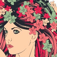 Woman with long flowing hair and flowers