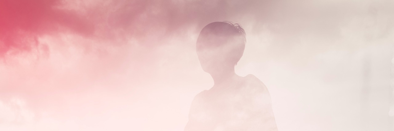 Illustration of person walking through pink fog