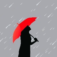 Illustration of woman holding red umbrella under gray sky with rain