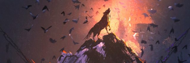 illustration of a wolf howling at a mountain