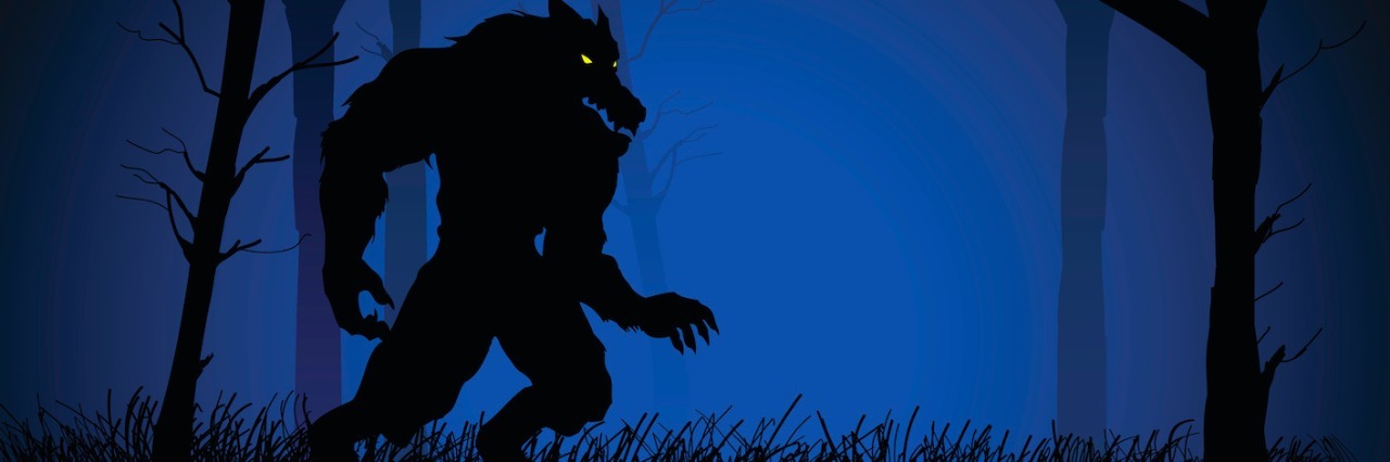 Illustration of werewolf walking in woods at night
