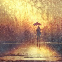 Illustration of woman with umbrella standing near lake on a hazy winter day