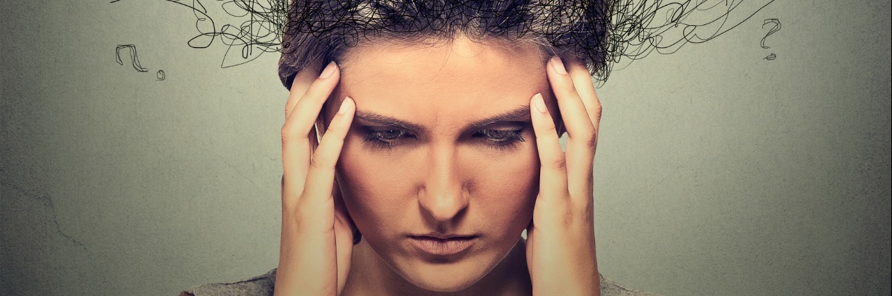 Experiencing Anxiety From Unanswered Calls, Texts and Emails Woman with worried stressed face expression brain melting into lines