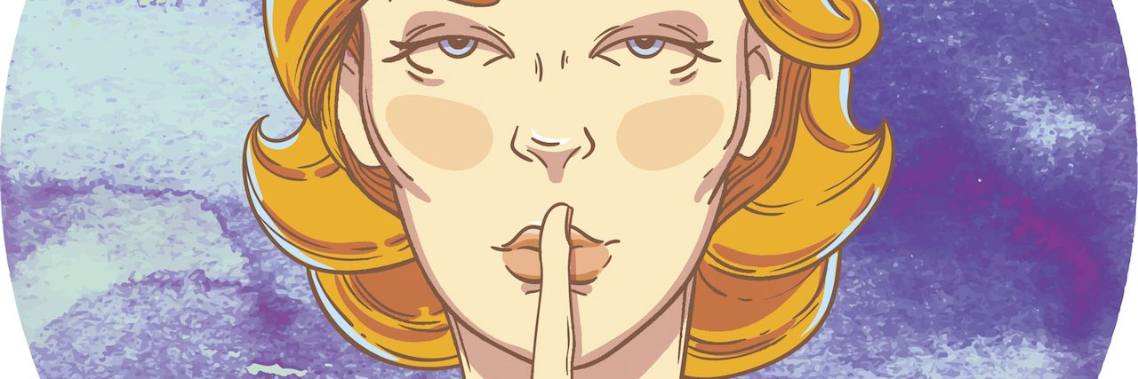 An illustration of a woman with a finger over her lips, making a shhh gesture