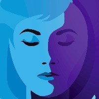 Illustration of woman with eyes closed in shades of blue and purple