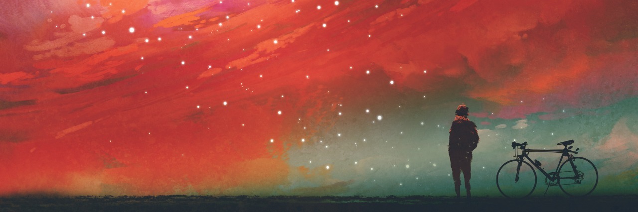 Why I'm Grateful to My Depression man with bicycle standing against red clouds in the sky,illustration,digital painting