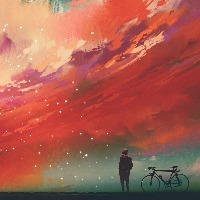 man with bicycle standing against red clouds in the sky,illustration,digital painting