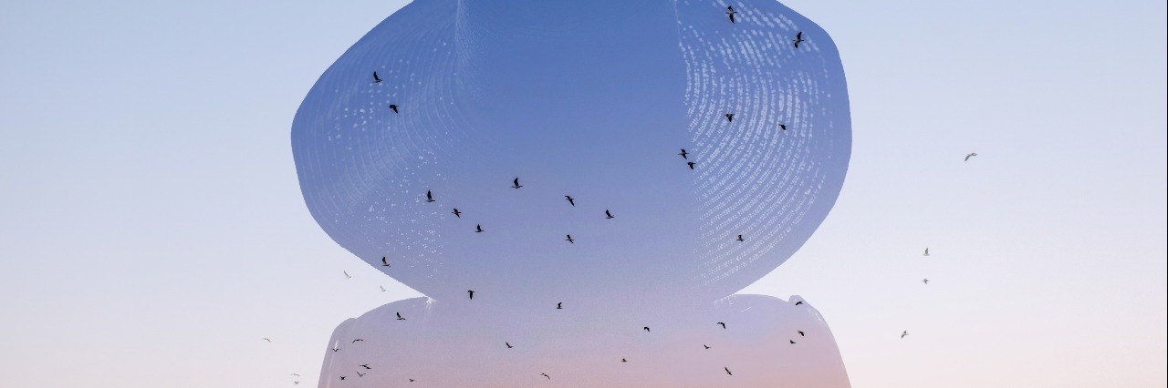 Getting Diagnosed With Lupus and Crohn's Disease double exposure of a woman wearing a large hat and a sunset behind a mountain with birds flying in the air