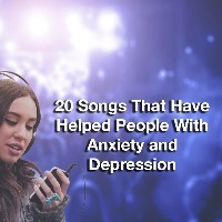 woman listening to music through headphones. Text reads: 20 songs that have helped people with anxiety and depression