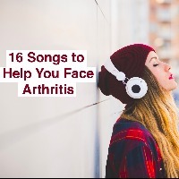 woman listening to headphones with text 16 songs to help you face arthritis