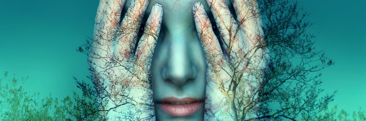 10 Things I Say So People Think I Don't Feel Fibromyalgia Symptoms Surreal and artistic image of a girl who covers her eyes with her hands on a background of trees and sky