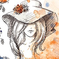 girl in a hat on a watercolor background.