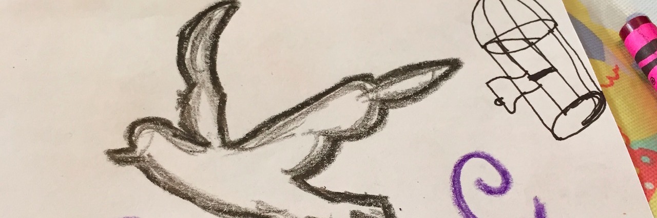 A crayon drawing of a dove flying out of a cage. The text reads: Enough