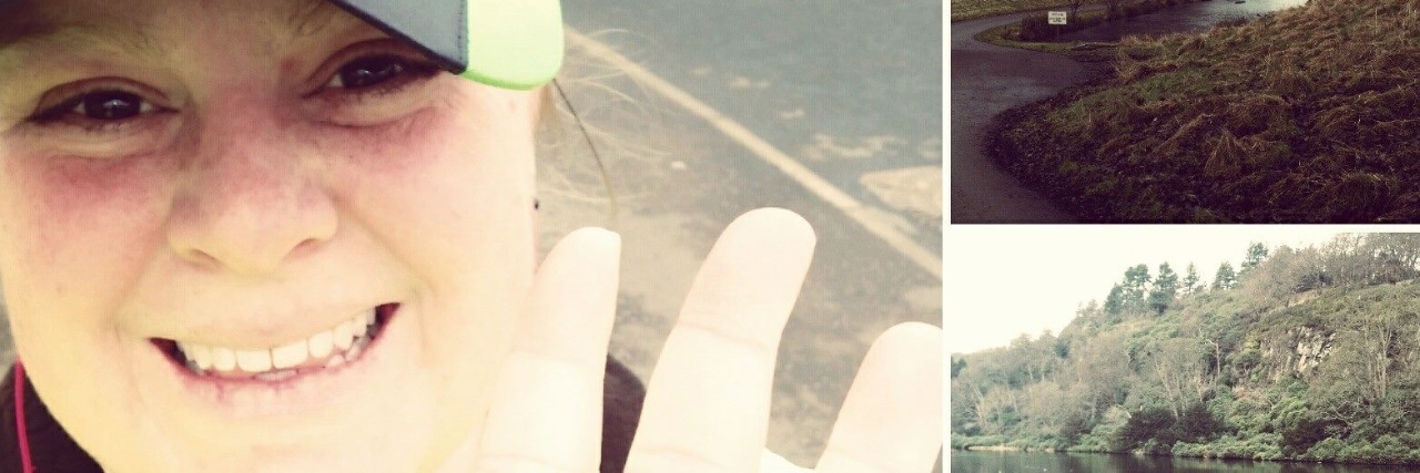 Marlene Lowe Runs Races to Raise Awareness for ME/CFS marlene wearing a hat and running outside next to pictures of roads and nature where she runs