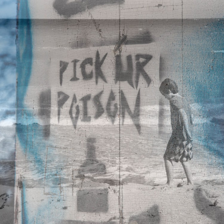a double exposure image of a sign that says, "Pick up poision."