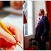collage photo of boy writing on piece of paper and president donald trump looking out window